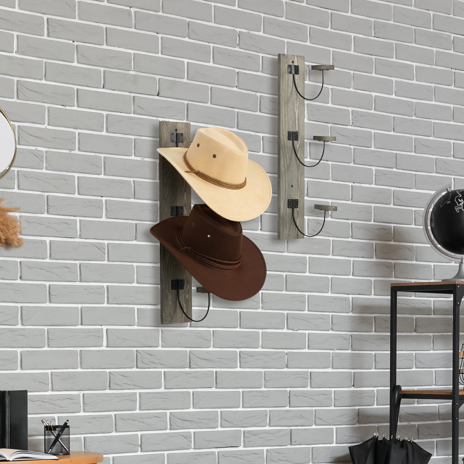Vintage Solid Wood & Metal Wire Vertical Hat & Coat Storage Hooks Rack, Set of 2