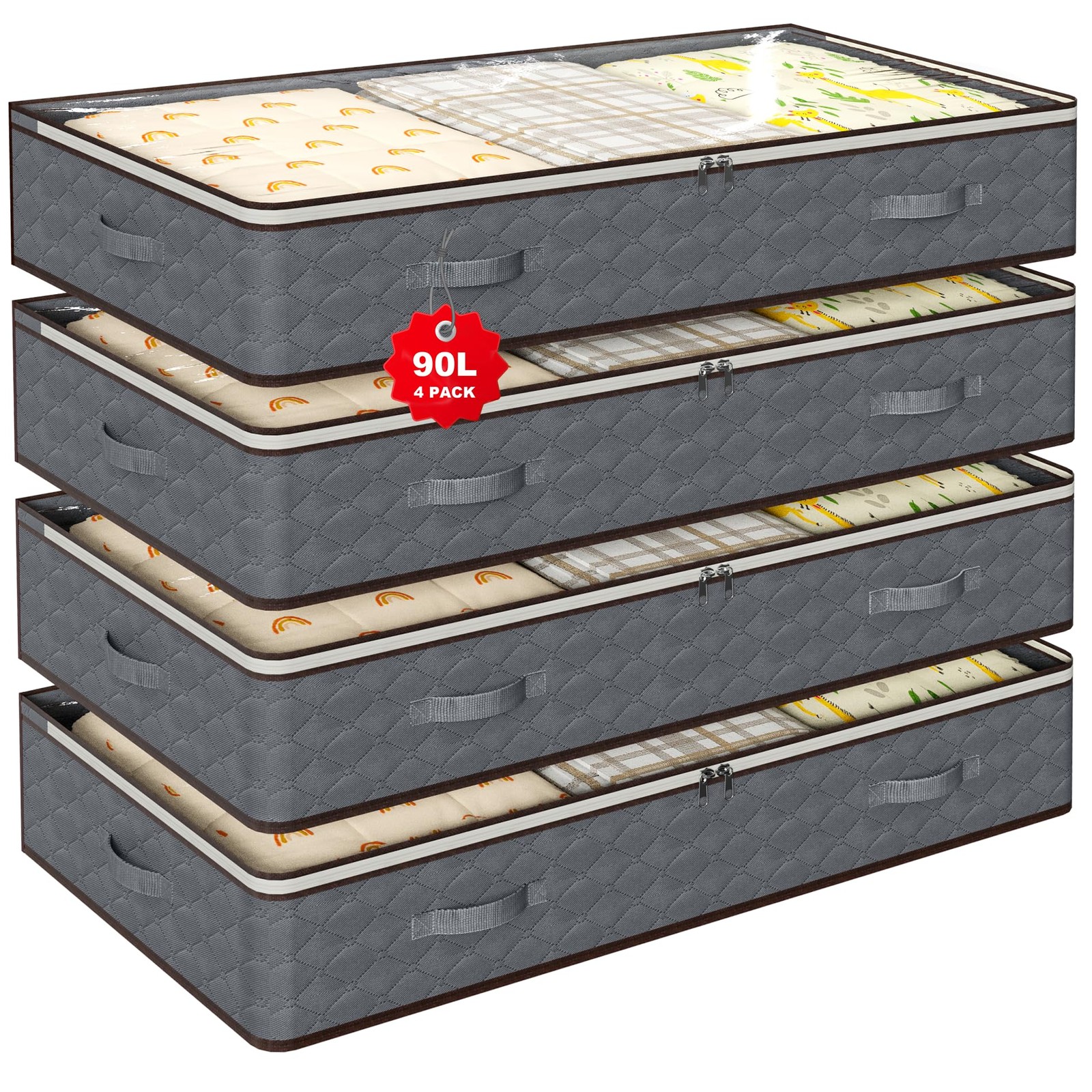 90L Under Bed Storage Containers,4-Pack Closet Organizers and 4 Pack, Grey