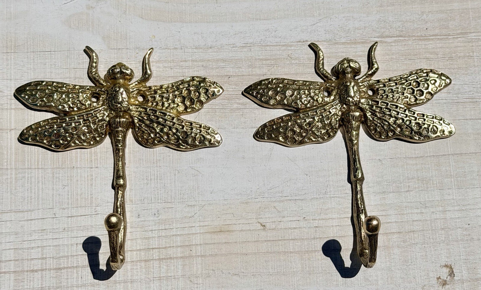 Gold Metal Wall Hook Dragonfly Polished Finish Set of 2 Art Nouveau Wall Mounted