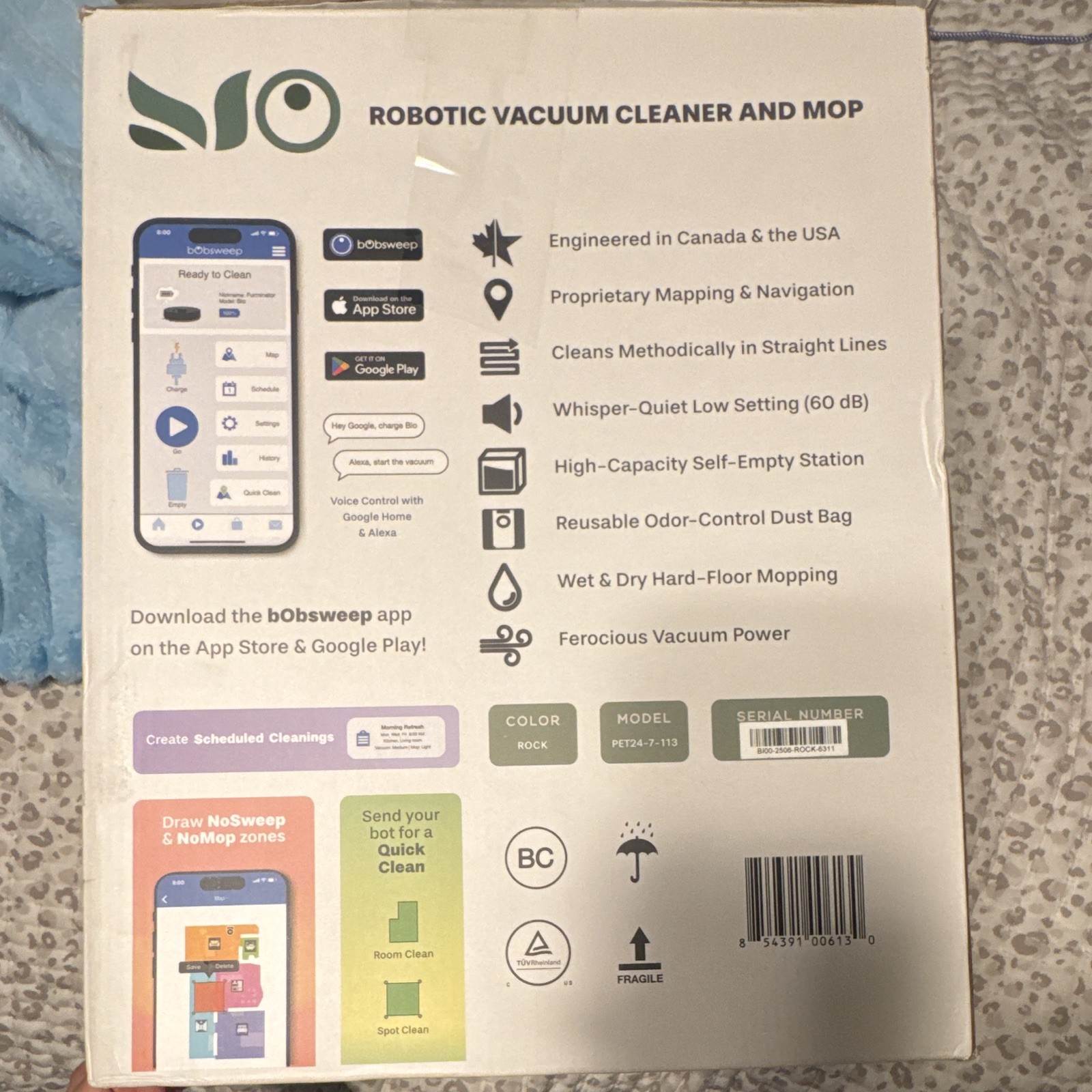 bObsweep Rock Robotic Vacuum & Mop Self-Emptying App Mapping Alexa Black