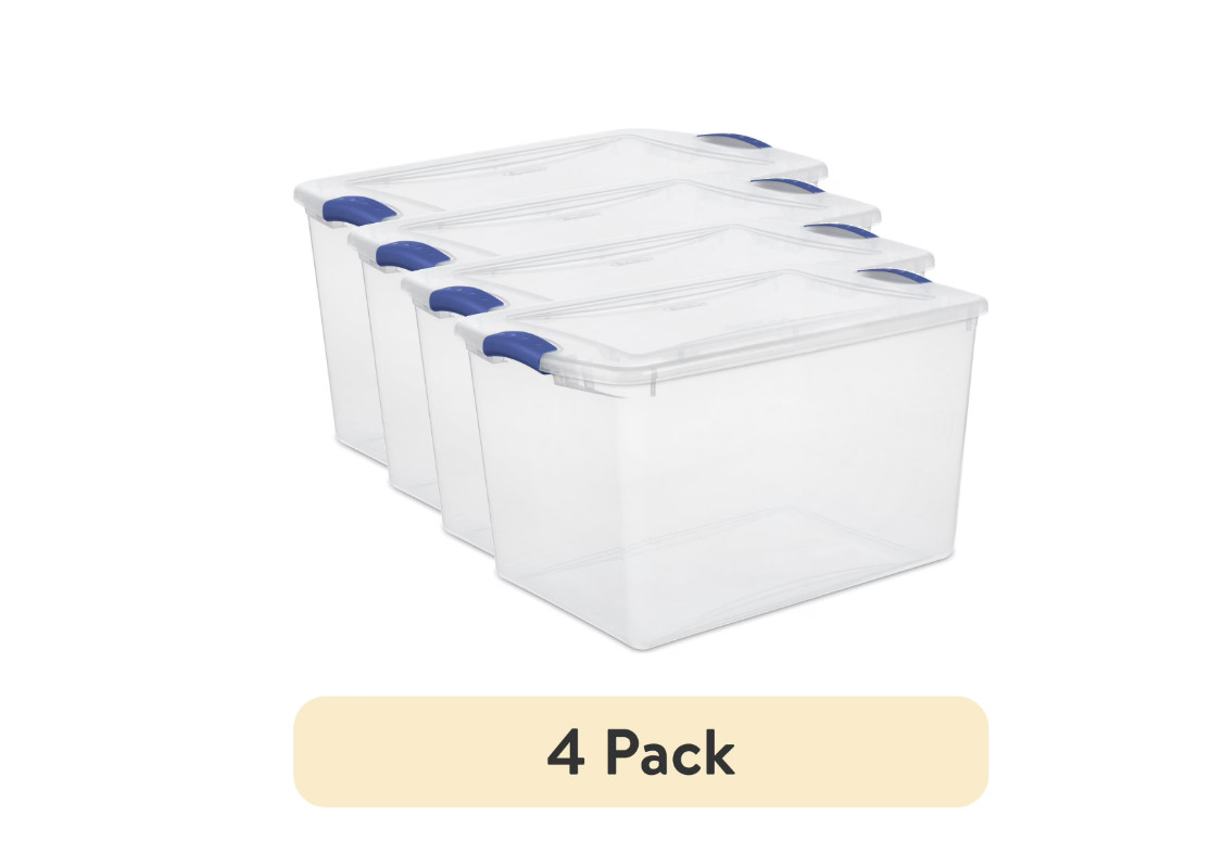 (4 pack) Sterilite 66 Quart Large Latching Storage Bin, Clear Plastic Storage