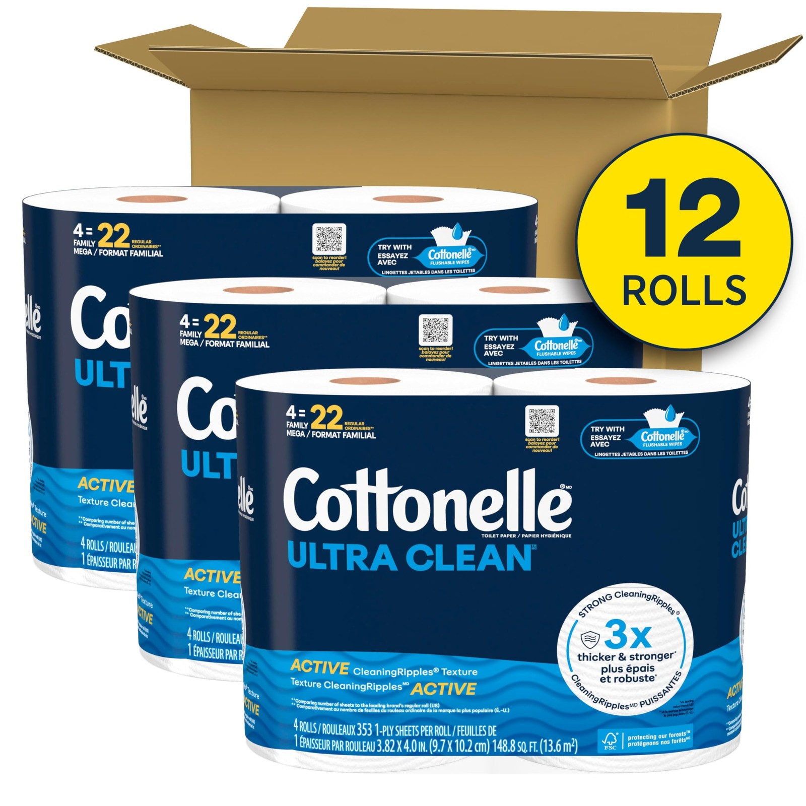 Cottonelle Ultra Clean Toilet Paper with 353 Sheets (Pack of 12), White