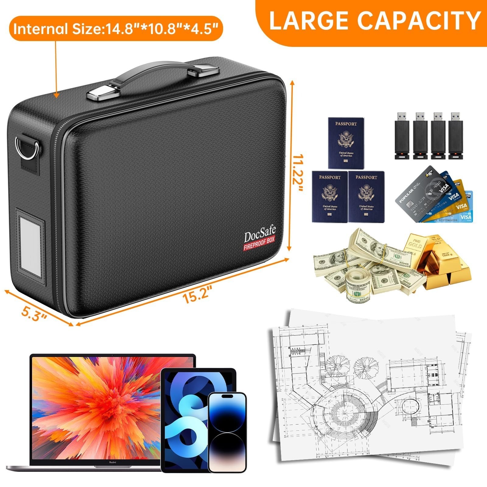 DocSafe Fireproof Document Box Locking File Organizer Black Hard Case