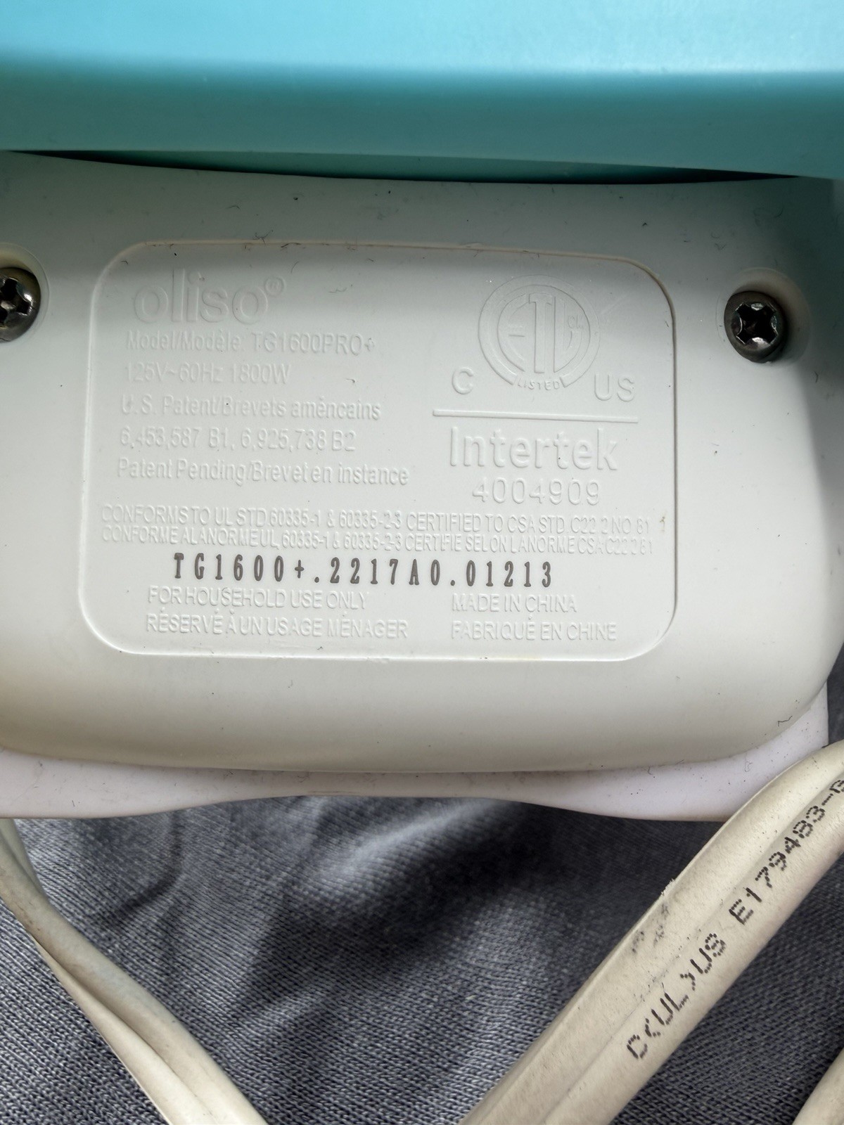 Oliso TG1600Pro+ TG1600+ Steam Iron Auto-Lift Corded Blue/White 1800W