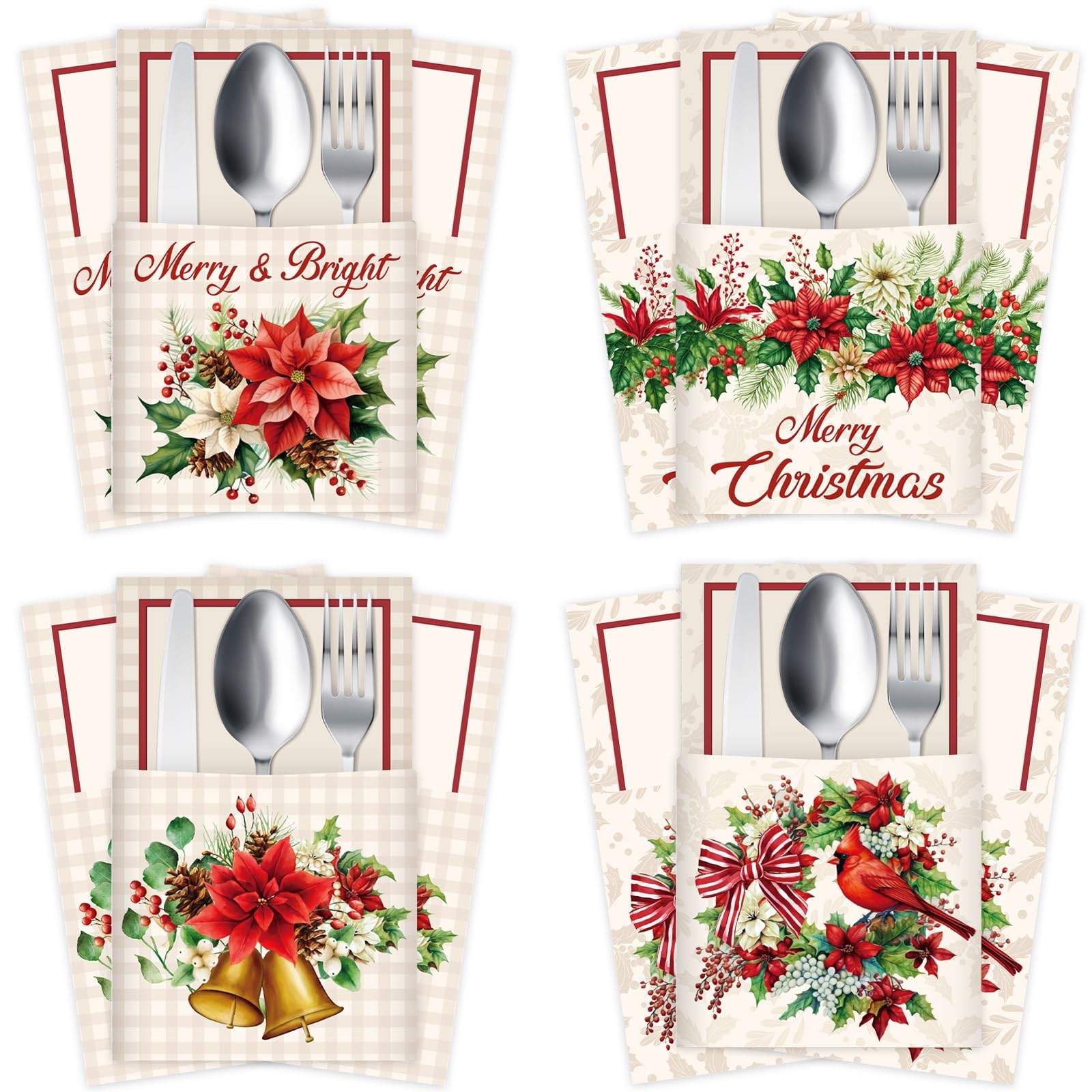Harloon 36 Pcs Christmas Utensil Holders Xmas Kraft Paper Berries