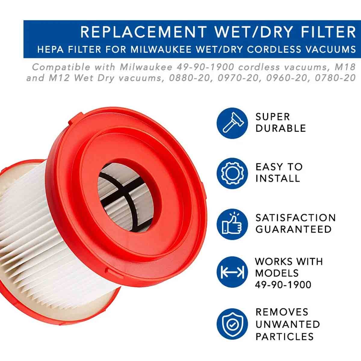 4 Pack 49-90-1900 Replacement Filter for Milwaukee M18 M12 Wet/Dry Shop Vac