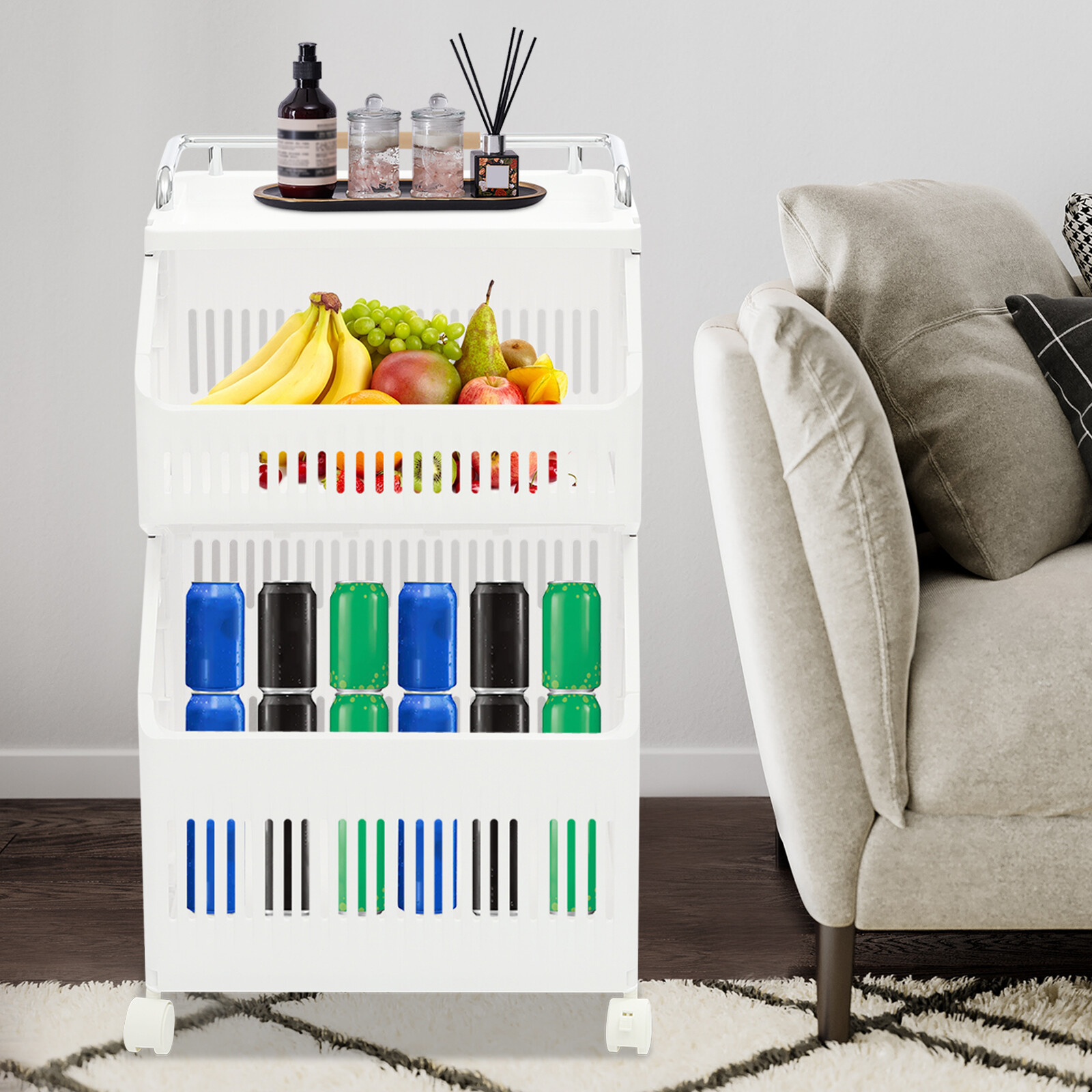 2-tier Clothes Basket Rolling Laundry Basket Collapsible Laundry Hamper Storage