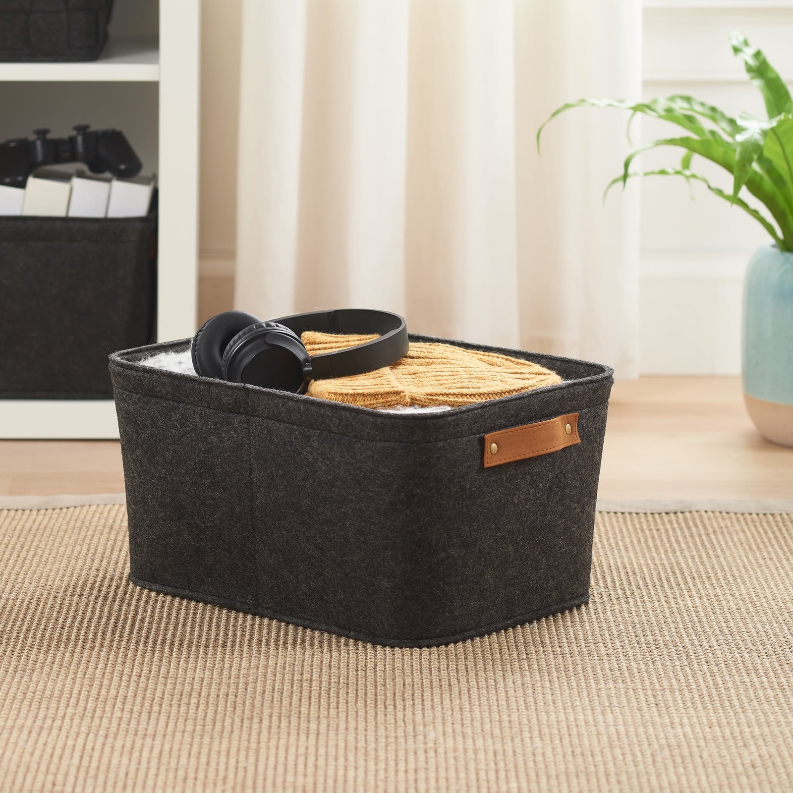 (3 pack Medium Gray Felt Decorative Storage Basket 15 in x 11.02 in x 7.87 in