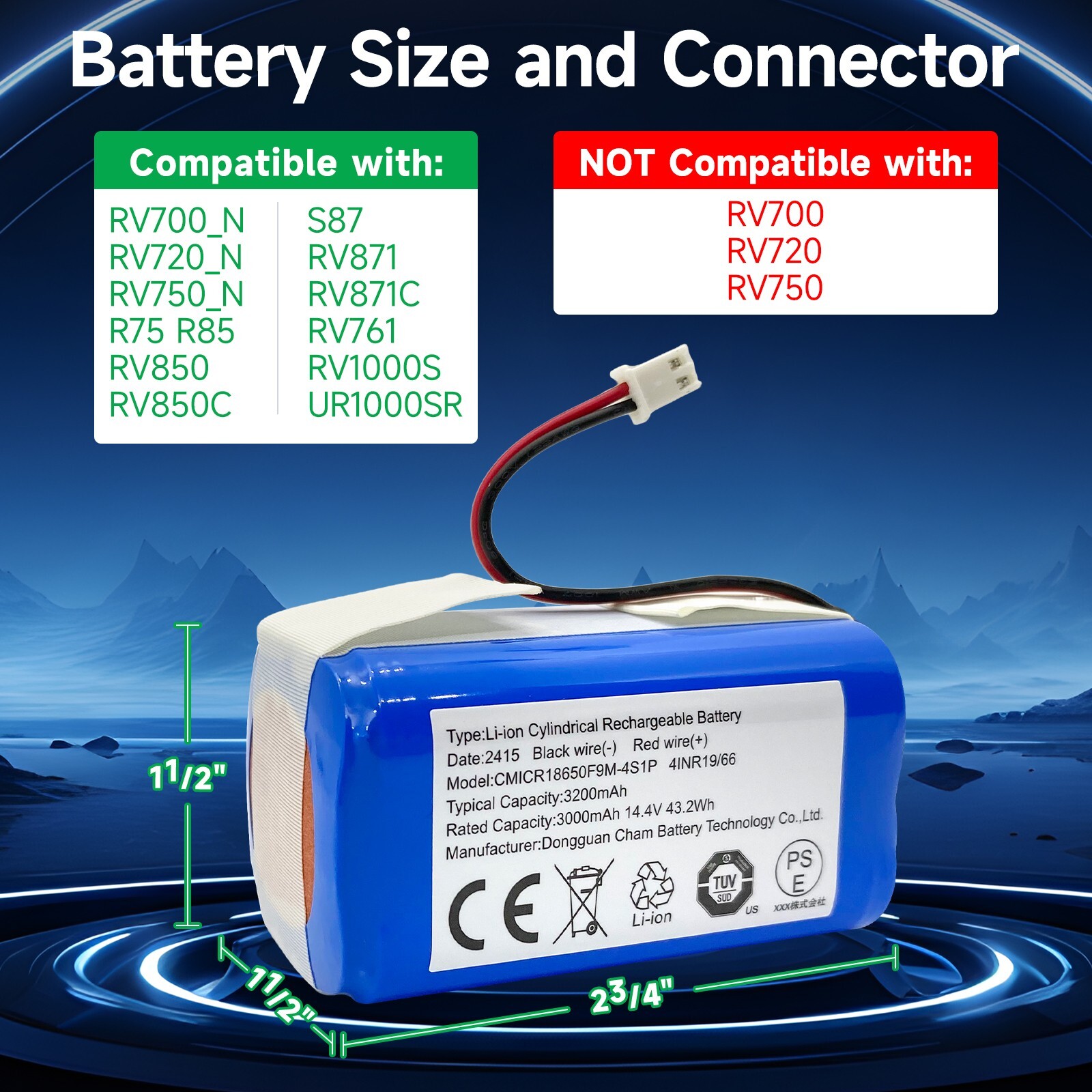 Shark RVBAT850 Battery for R75, R85, RV850, R87, RV871, S87, RV851WV (2 Prongs)