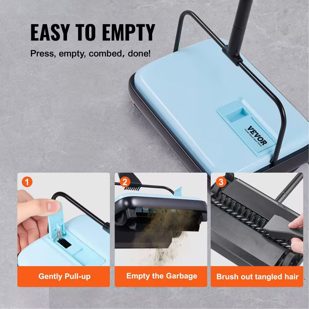 Blue Manual Cordless Carpet Sweeper-Pet Hair/Dust Cleaning Home Office