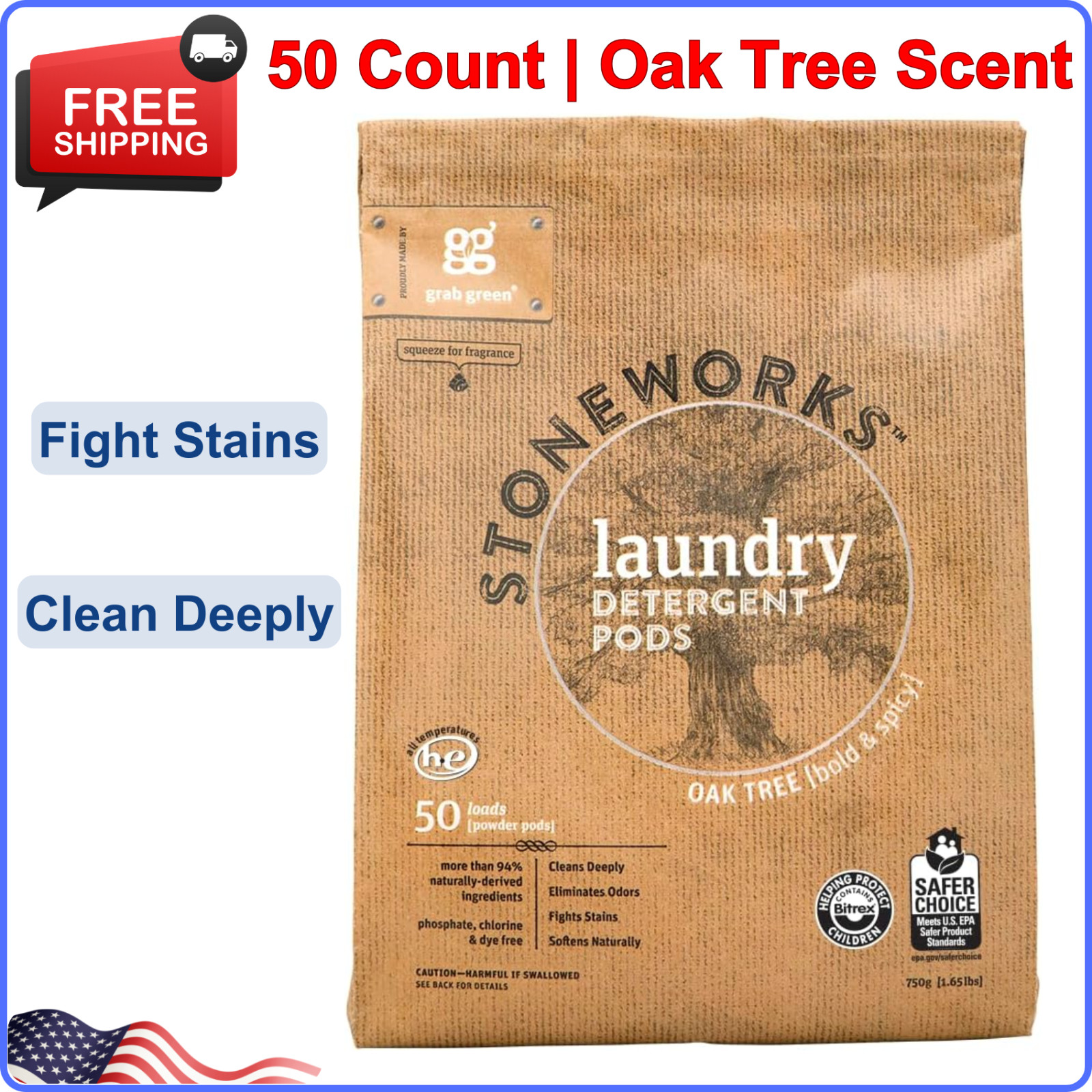 Stoneworks Laundry Detergent Pods Natural, Oak Tree, 50 Loads, 1.65 lbs (750 g)