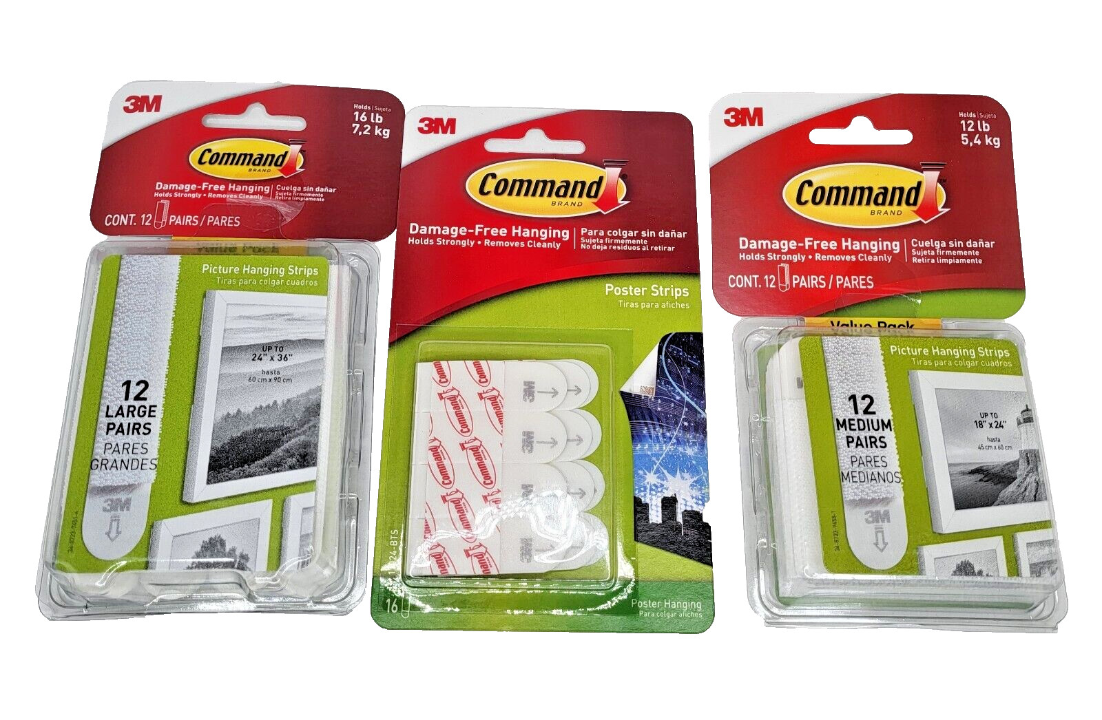 3M Command Strip – 3 PACK BUNDLE!! – 16 lb / 12 lb / Poster Size