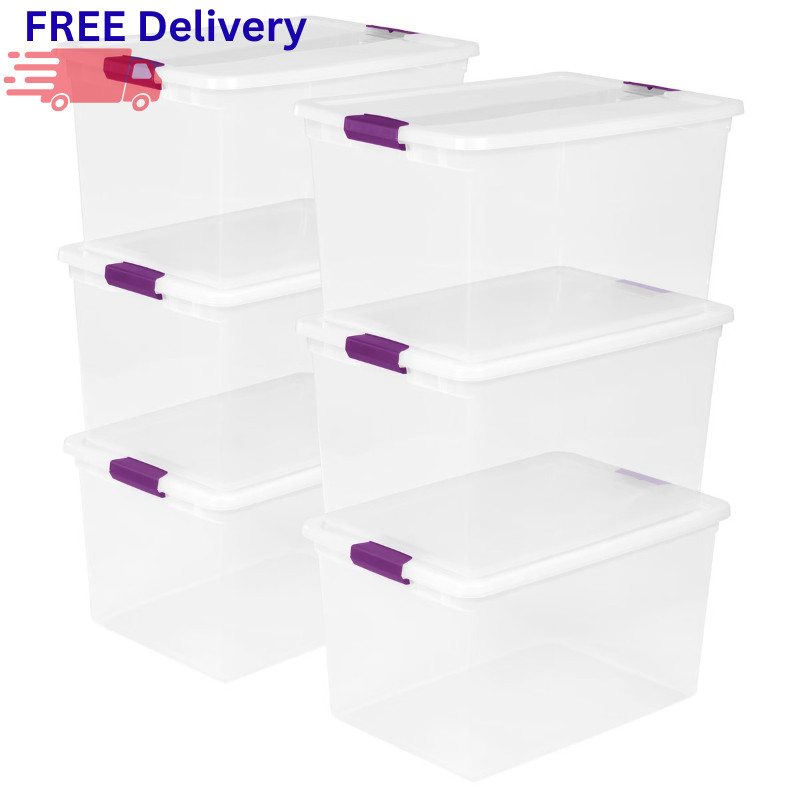 Sterilite 66 Qt ClearView Latch Box Plastic Storage Bin Container Clear 6-Pack