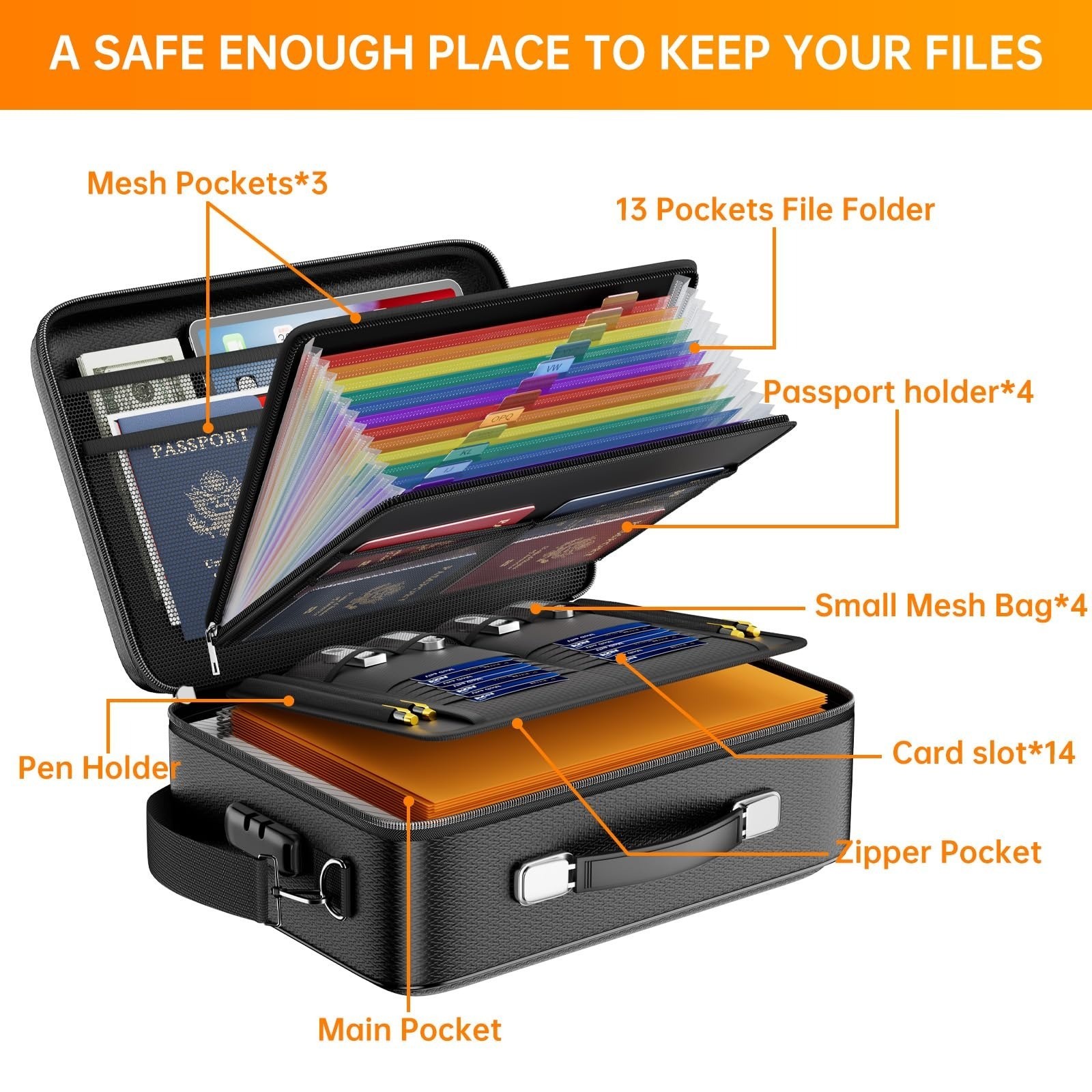 DocSafe Fireproof Document Box Locking File Organizer Black Hard Case