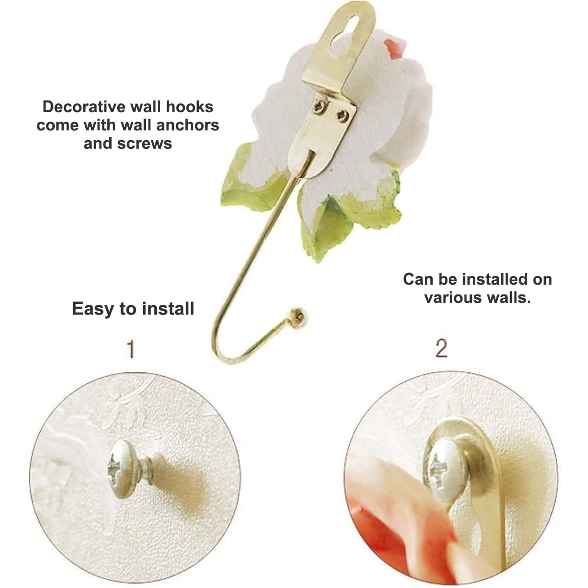 2 Pcs Pink Rose Decorative Wall Hooks Fancy Resin Flower Towel & Key Hooks Metal