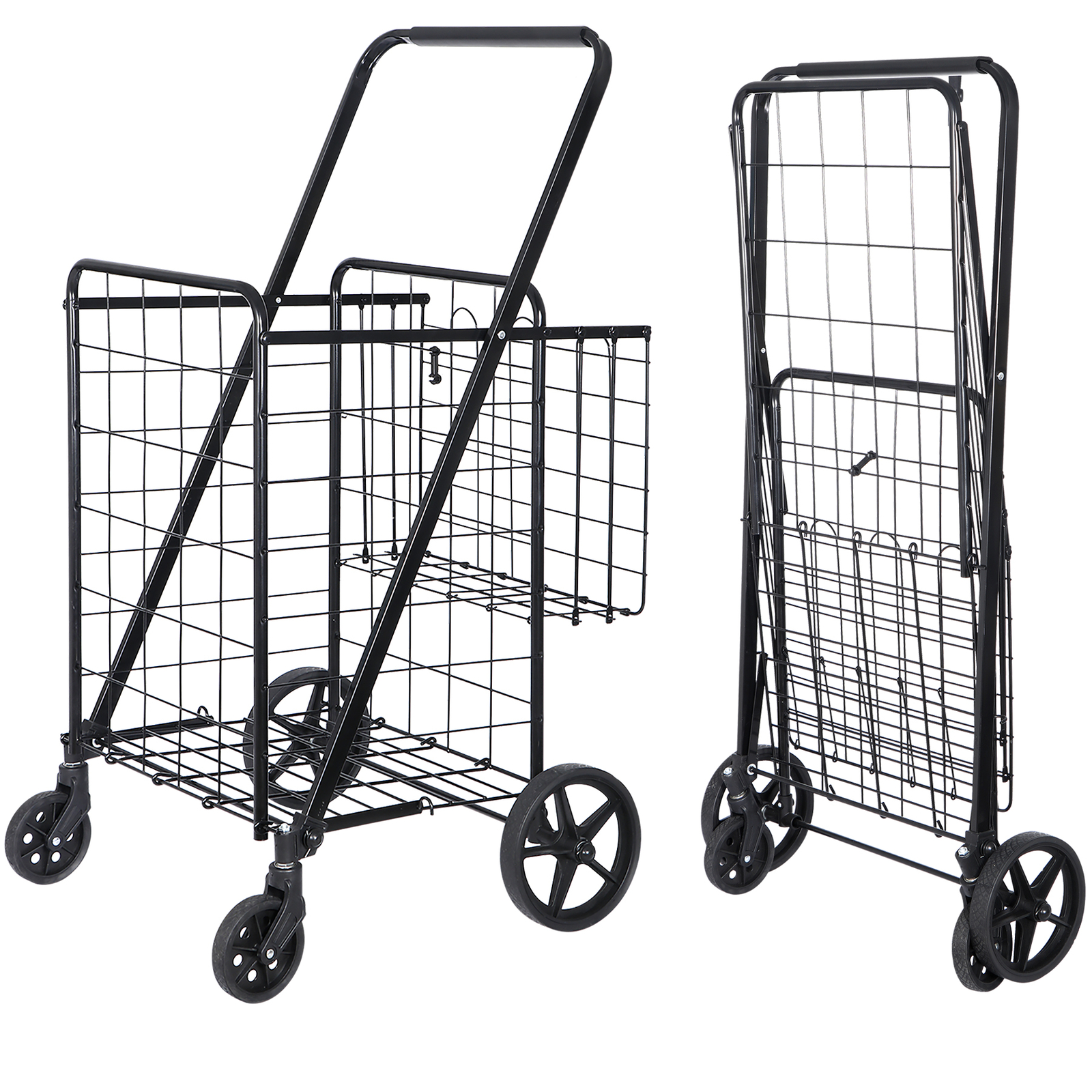 Folding Shopping Cart Rolling Trolley Utility 2 Basket W/Wheel for Laundry Black