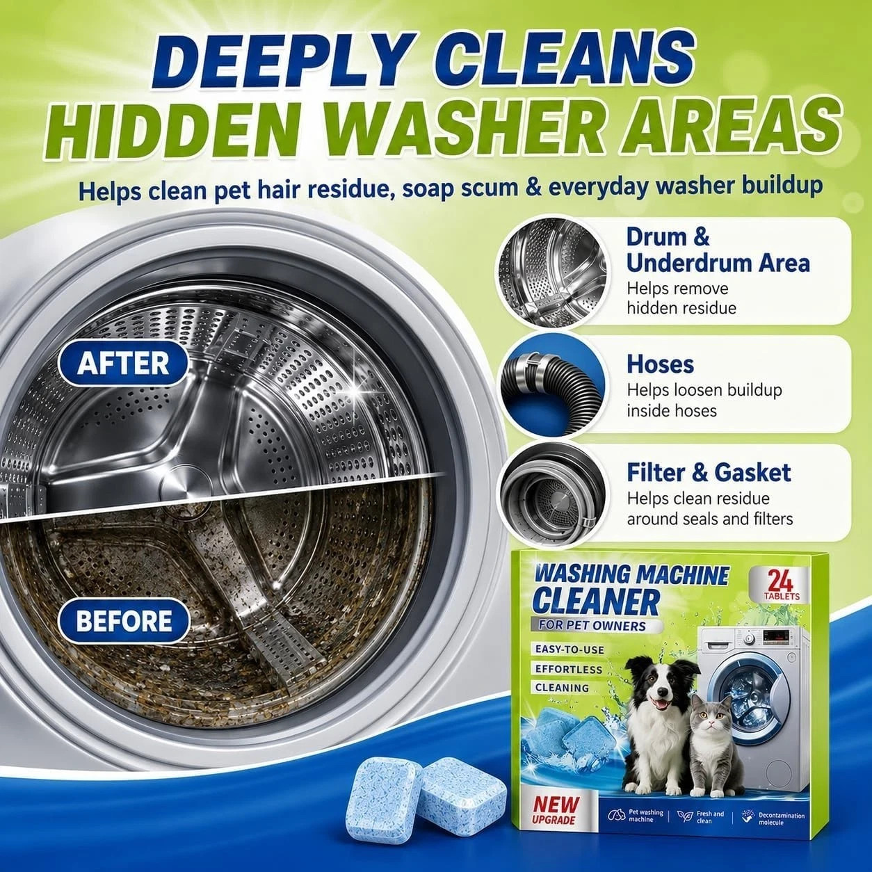 Enzyme Washing Machine Cleaner Tablets for Pet Owners, 24 Count (Pack of 1)