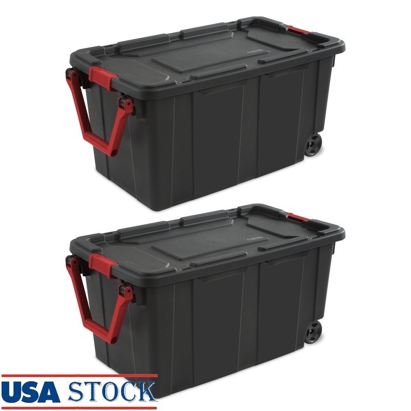 Wheeled Storage Bin 40 Gal Extra Large Heavy Duty Plastic Tote Set of 2 New