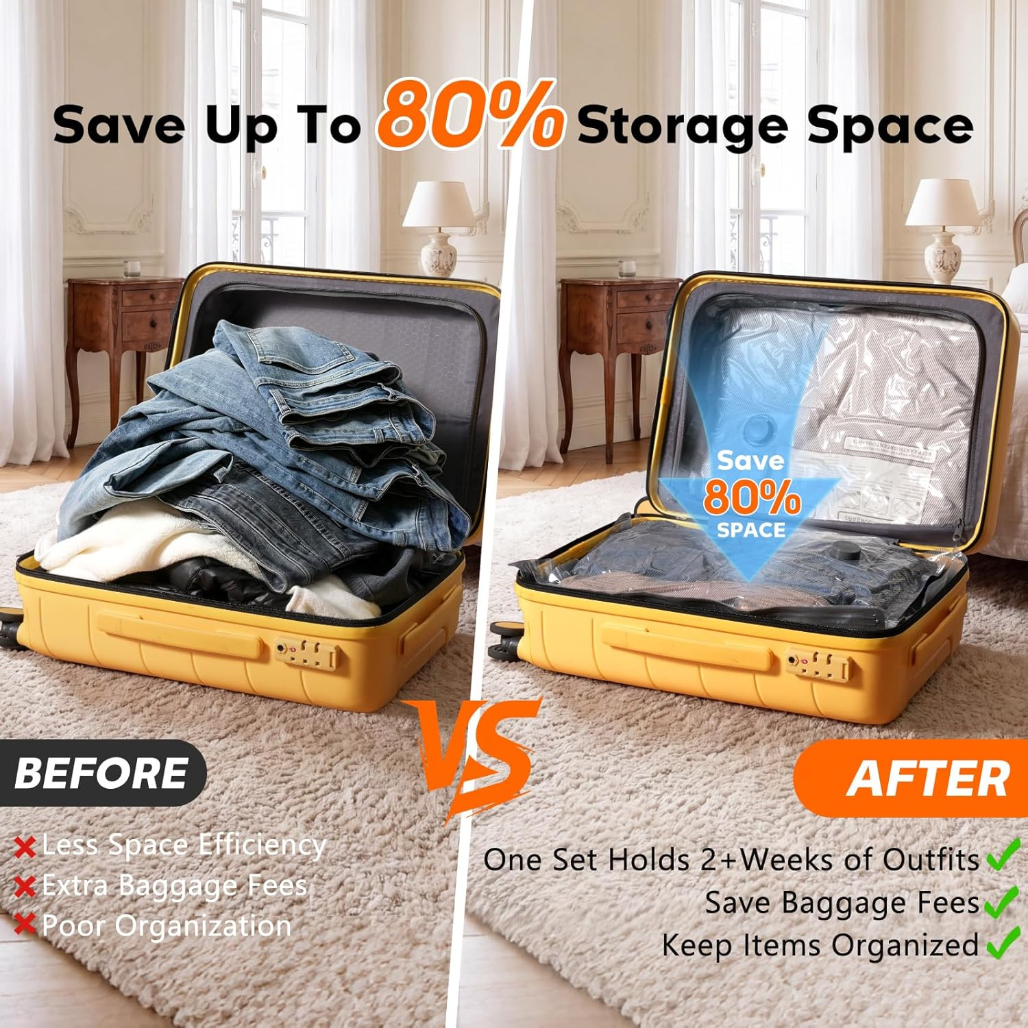 15 Pack Vacuum Storage Bags for Travel with Rechargeable Cordless Pump, Space Sa