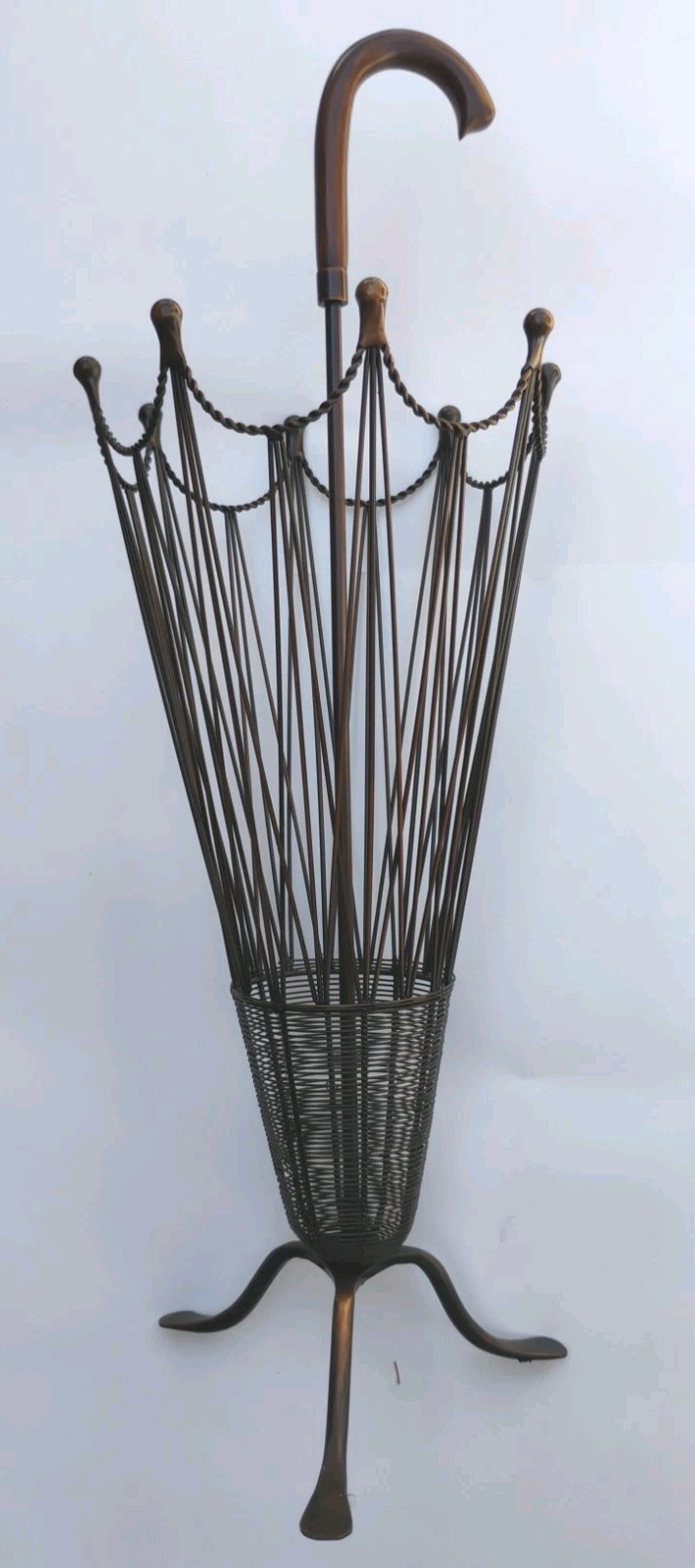 MCM Umbrella Shaped Stand Canes Umbrellas Copper Wire Wood handle 32” X 11.5”