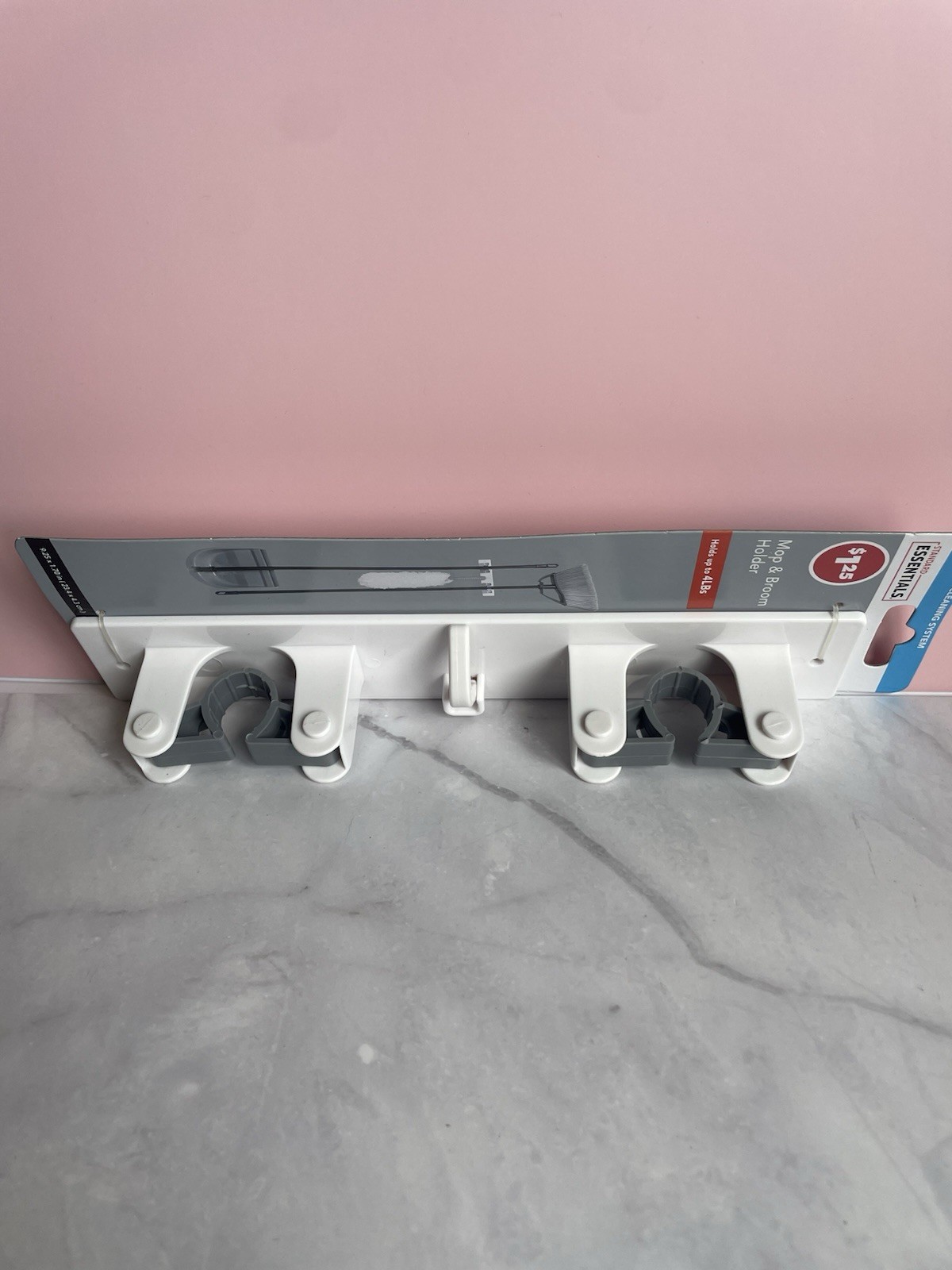 Standard Essentials Cleaning System Mop & Broom Holder Wall Mount 4 Hooks 4 lb