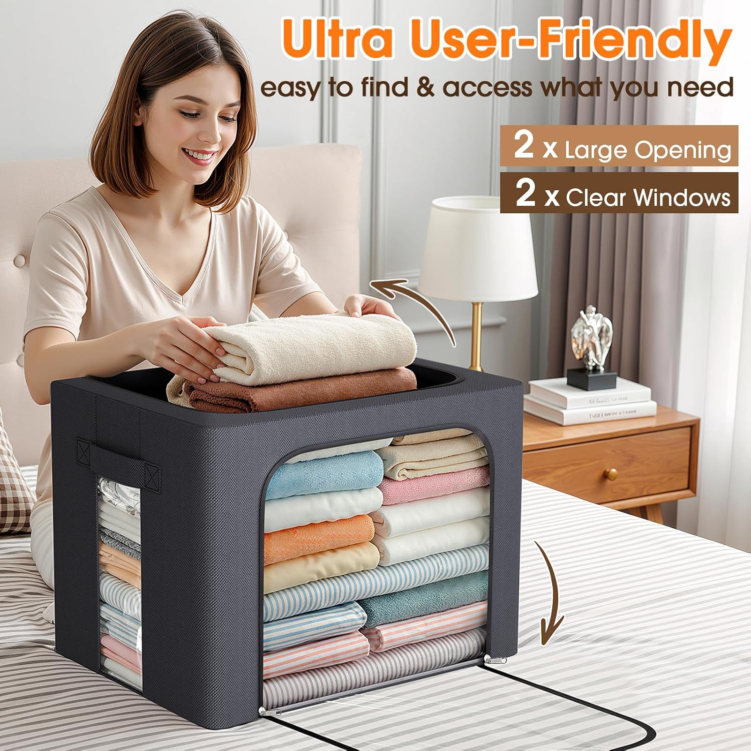 4 Pack Clothes Storage Bins with Metal Frame, Light Grey, 40L | Foldable Storage