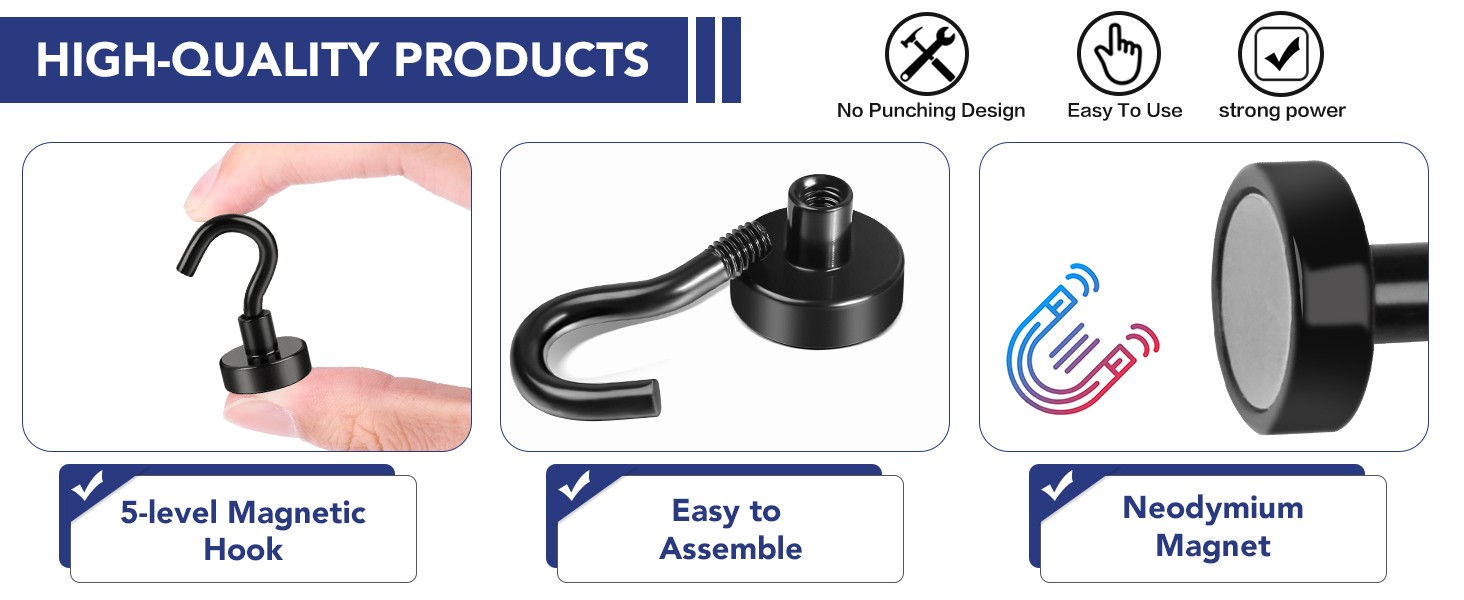 Magnetic Hooks, 30LB Magnet Hook for Cruise,Black,6 Pack | Heavy Duty with Epoxy