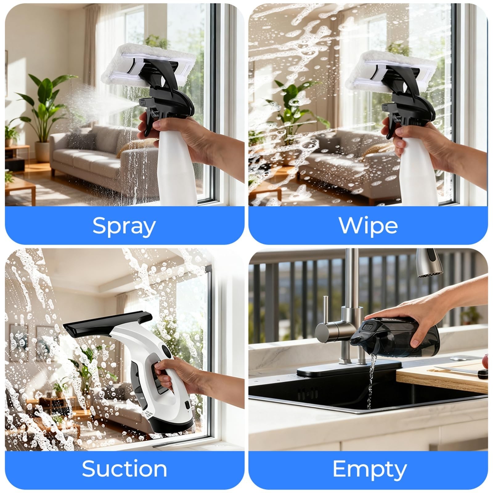 Cordless Electric Window Vacuum Cleaner, 2000Pa Suction, 280mm Blade, 150ml Tank