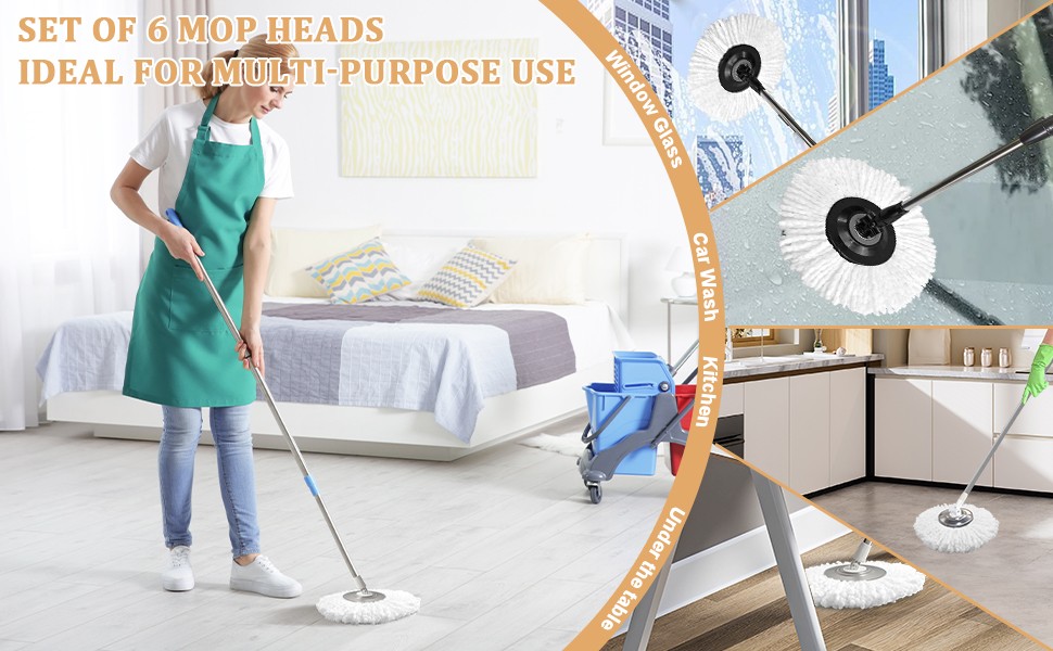 6 Pack Spin Mop Replacement Head for 360° Spin Mop System, Standard Size Round