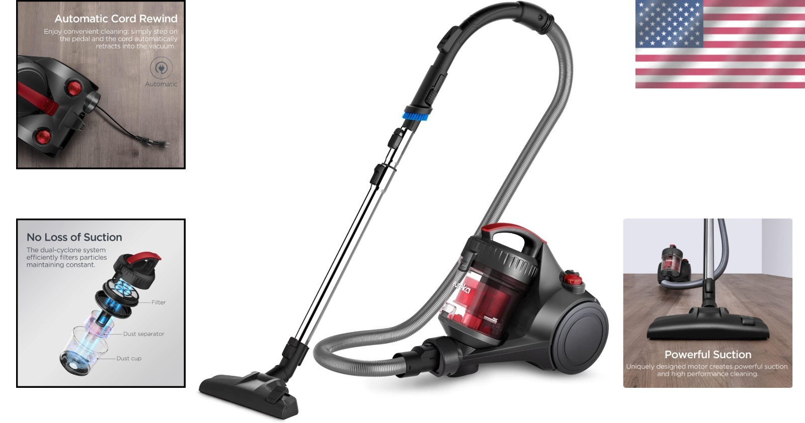 Lightweight WhirlWind Canister Vacuum Cleaner – Red, HEPA, 960W, Multi-Surface