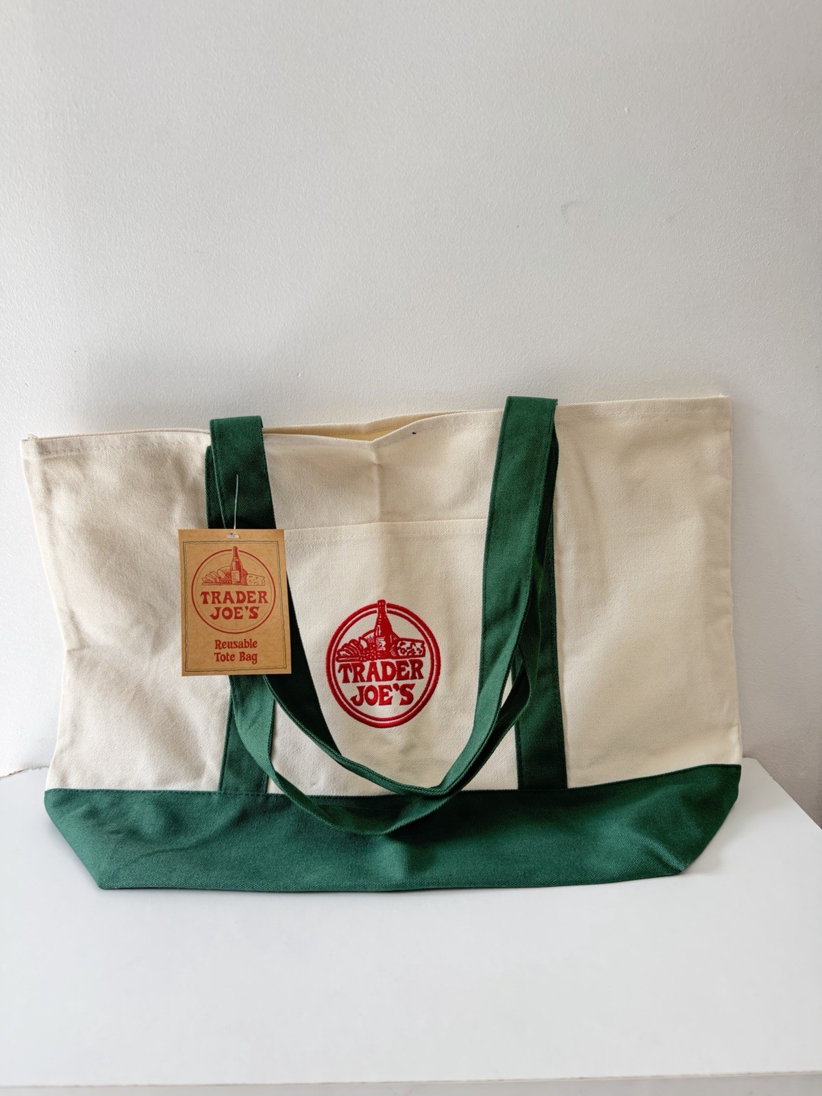 Trader Joe’s 2025 Christmas Green LARGE Canvas Shopping Bag, Off White