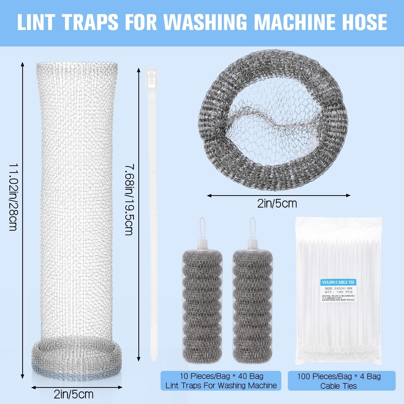 400 Pack Washing Machine Lint Traps – Stainless Steel Mesh Filters with Cable Ti