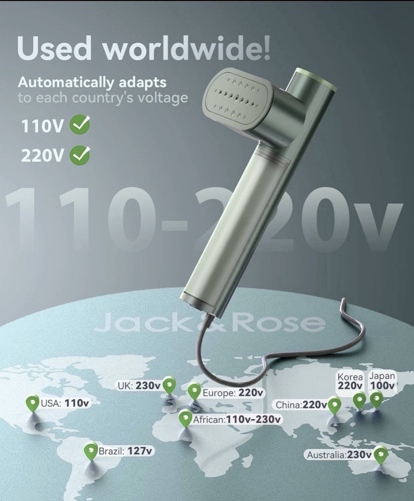 Jack & Rose Portable Travel Steamer 2-in-1 Iron 15s Heat-Up for Global Use