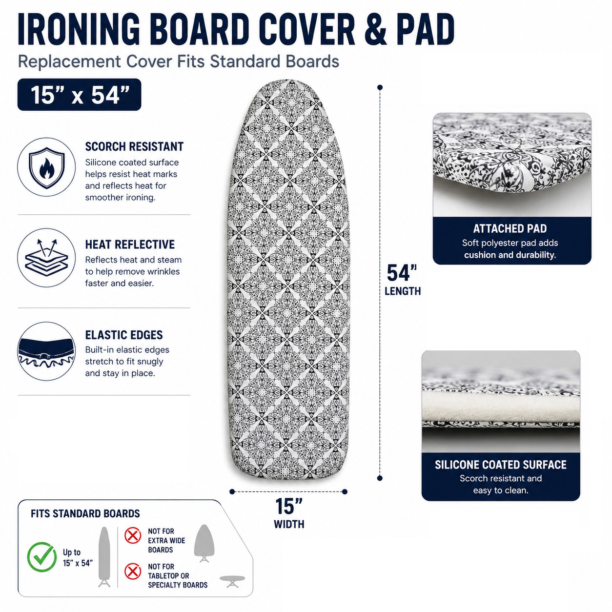 Ironing Board Cover and Pad with Straps – Scorch Resistant Silicone Coating, Fit