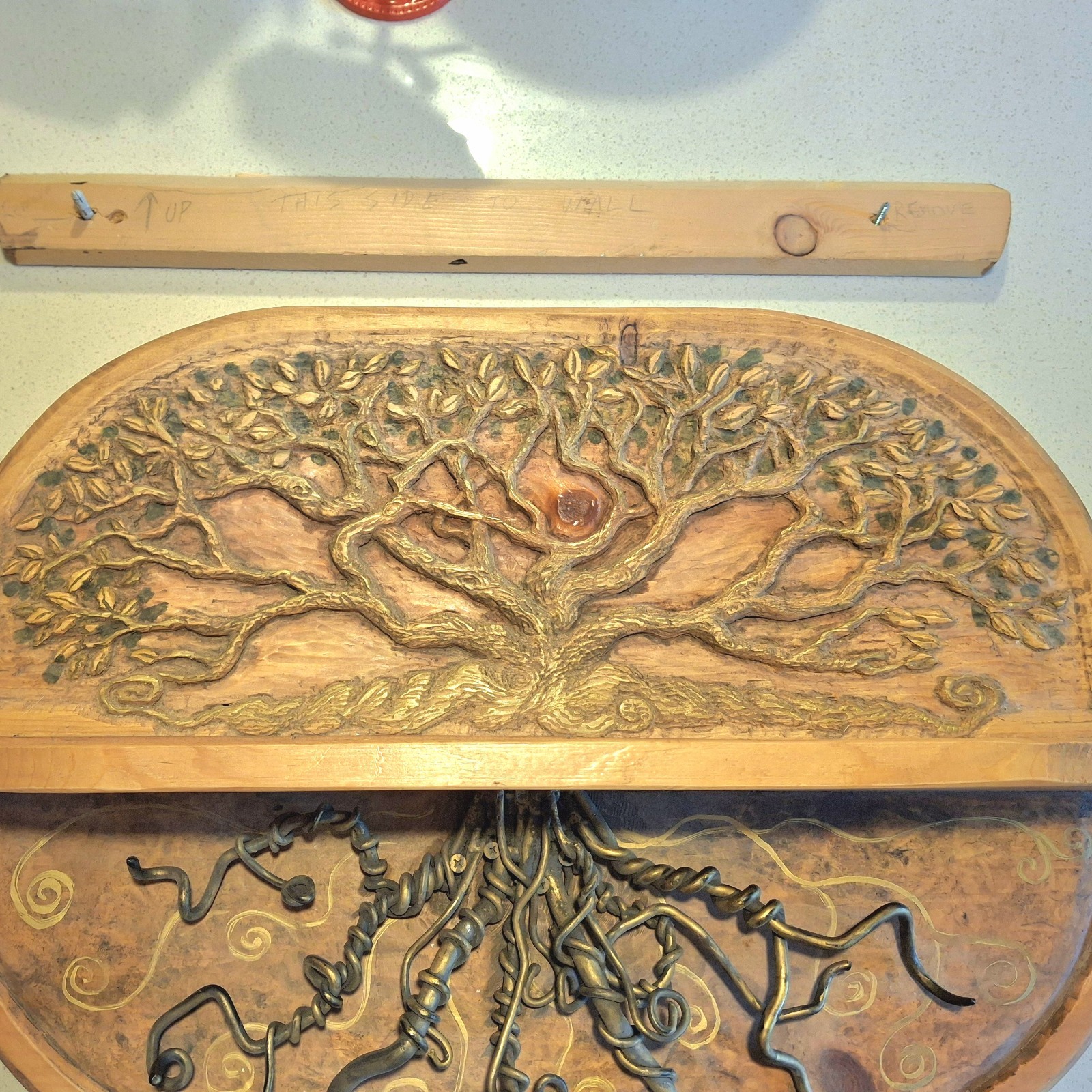Handmade Hand Carved & Painted Coat Rack with Shelf Vintage Tree of Life Design