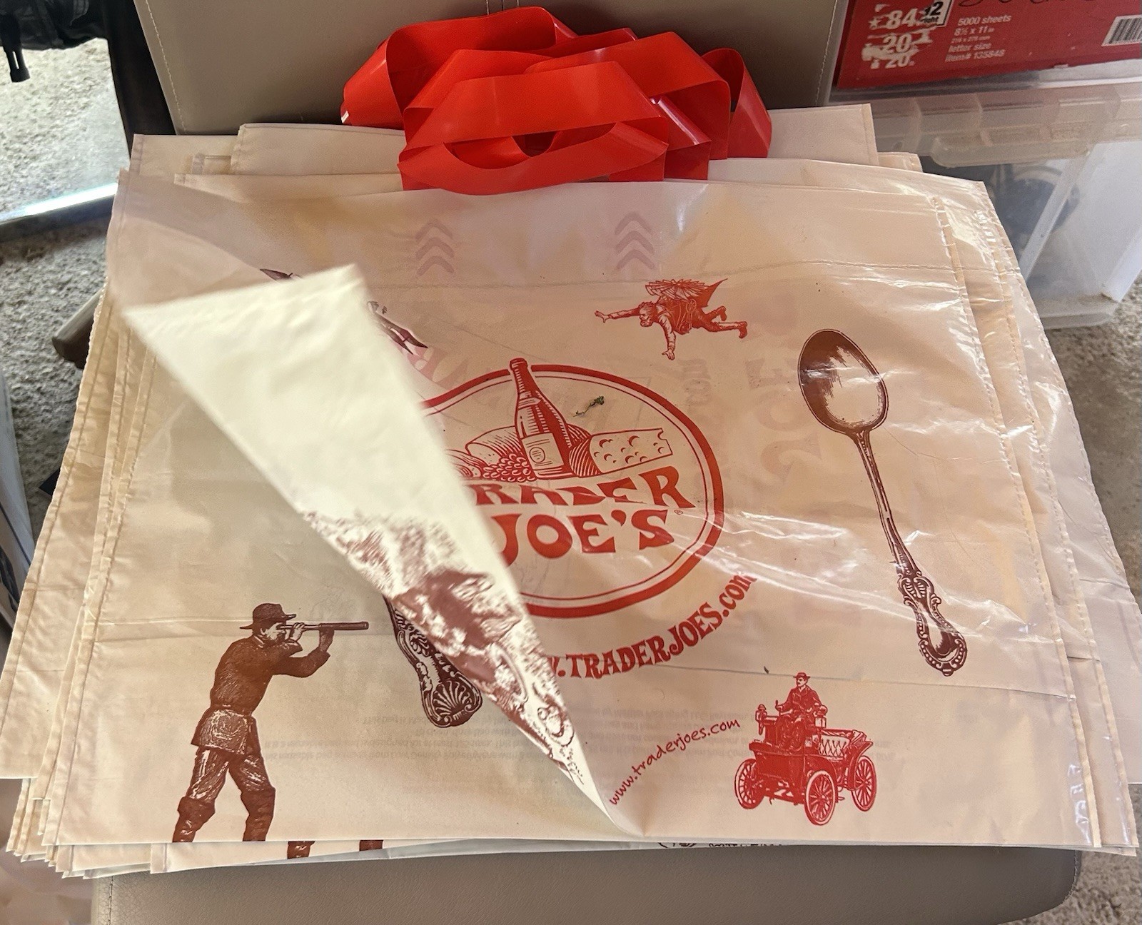 Trader Joe’s Reusable Shopping Bag Foldable LDPE Beige Red All-Over Pattern