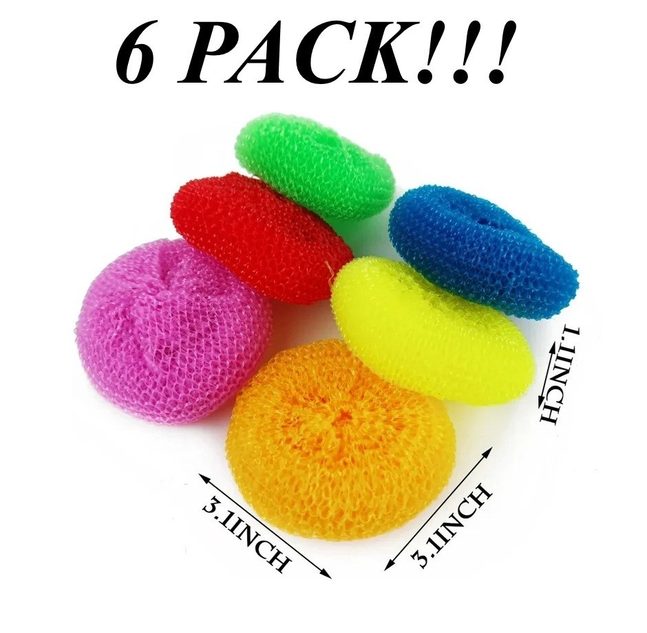 6 PACK!! Plastic Mesh Scouring Pads Non-Scratch for Dishes Assorted Colors
