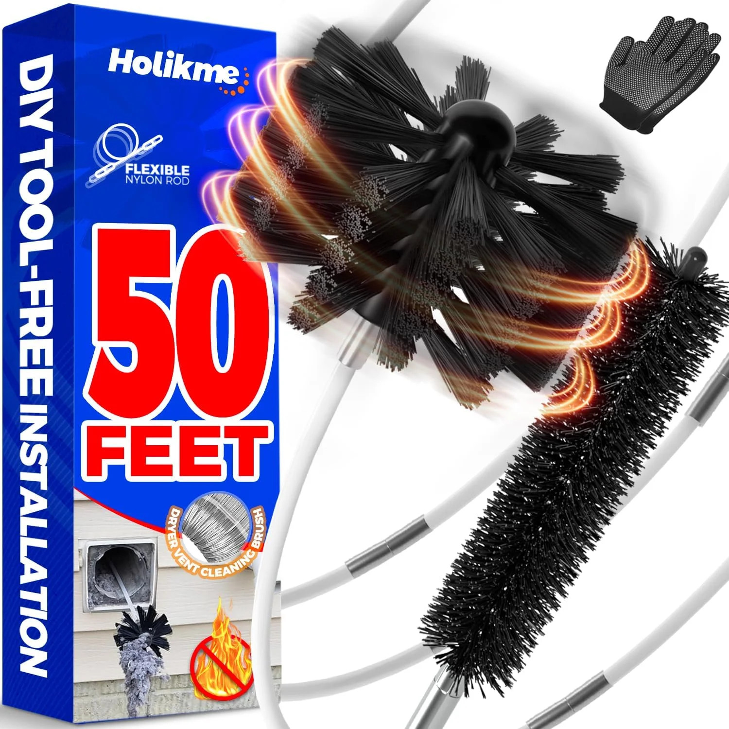 50Ft Dryer Vent Cleaner Kit – Flexible Lint Brush for Deep Cleaning Nylon Rods