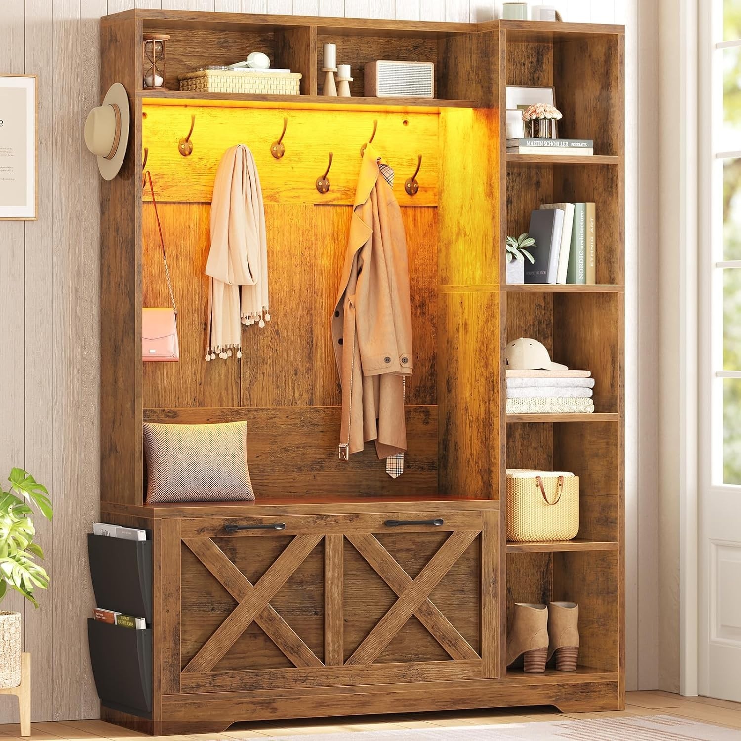 Hall Tree with Shoe Storage, Farmhouse Entryway Bench w/Flip Drawers &Led Lights