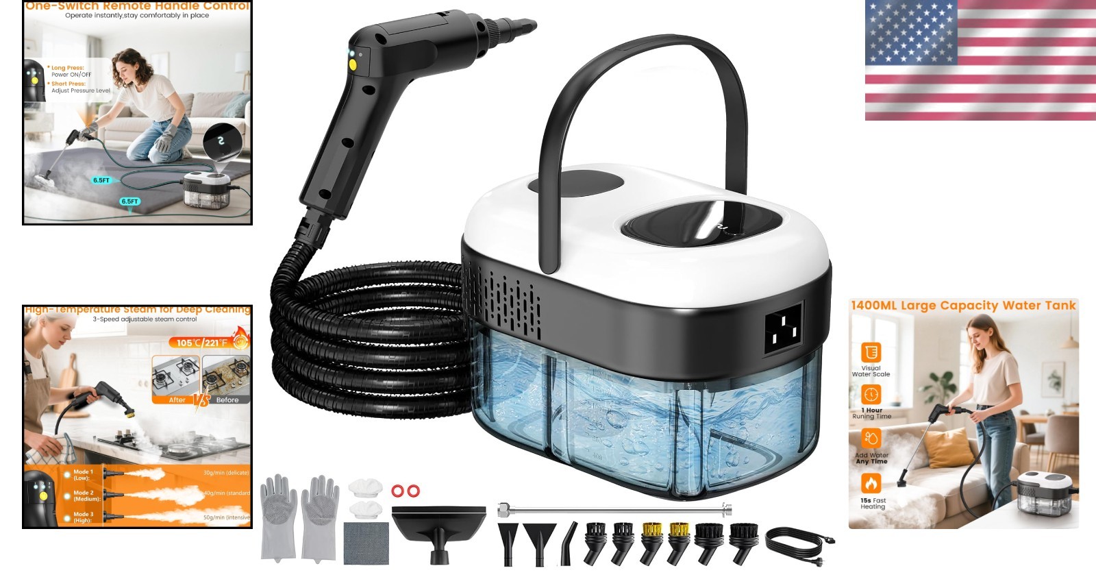 Pressurized Steam Cleaner Handheld Multi-Surface Deep Cleaner 2500W