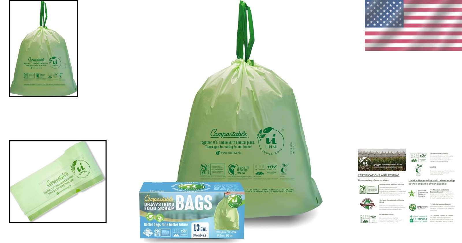 UNNI Compostable Trash Bags, 13 Gallon / 49.2 Liter, 30Count, Extra Thick 0.9 M