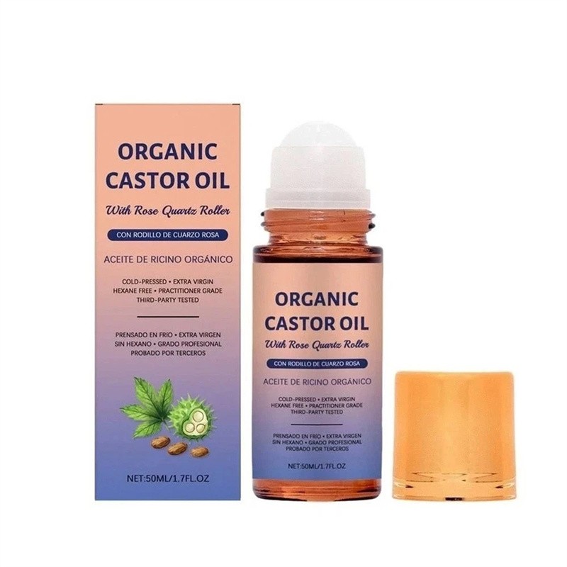 3x Organic Golden Castor Oil Roll-On with Rose Quartz for Skin,Hair&Wrinkle