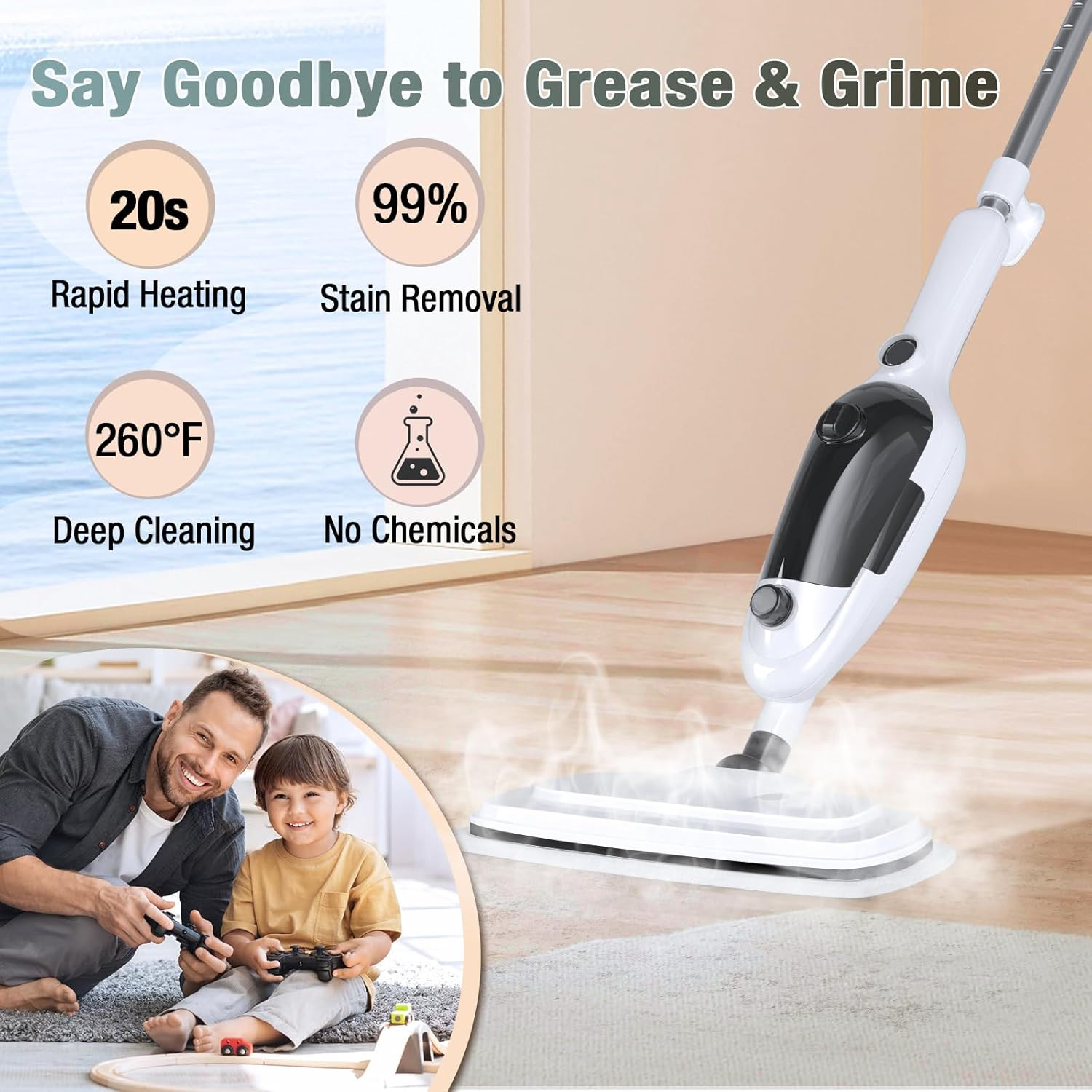 11-In-1 Steam Mop, Powerful Handheld Steam Cleaner for Home with 23FT Cord &15.