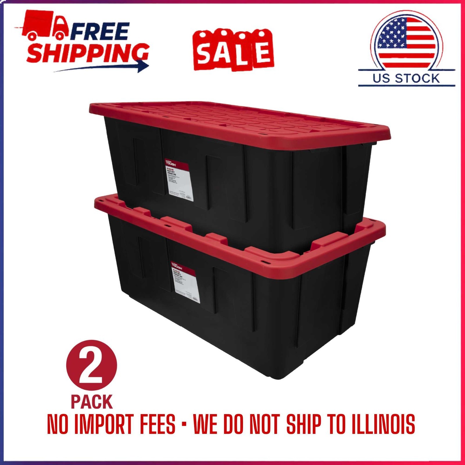 (Pack of 2) NEW Hyper Tough 40 Gal XL Storage Bin Snap Lid Heavy Duty Black/Red