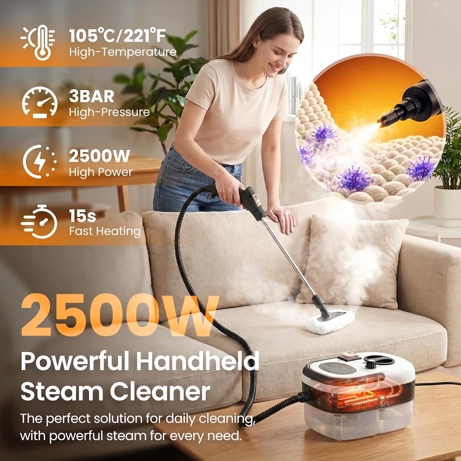 Portable Steam Cleaner, High Pressure Steamer Machine for Home & Vehicle 2500W
