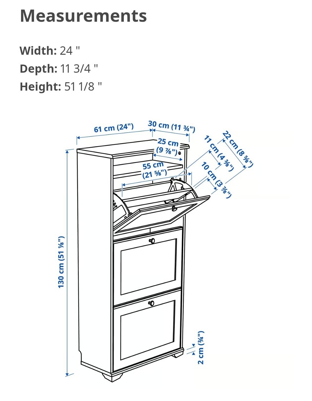 IKEA White Shoe Cabinet Wood 3 Flip Drawers 24×11.75×51.125in