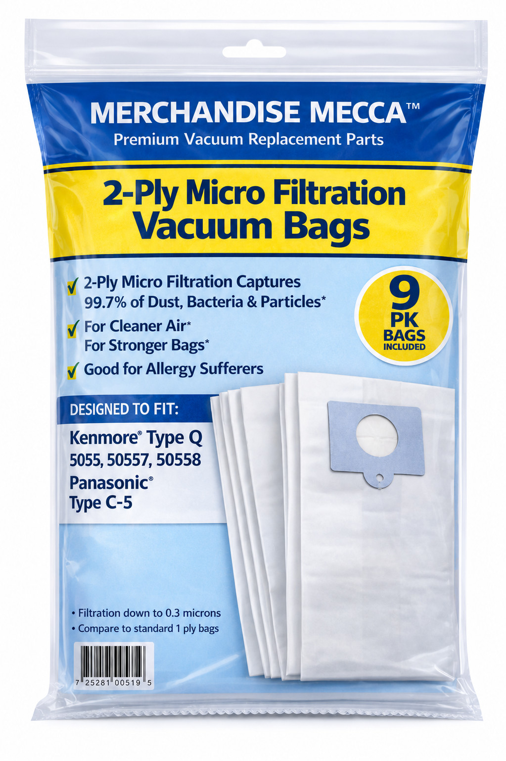 9 Pack Type C Q Vacuum Bags for Kenmore Canister Models 5055 50557 50558