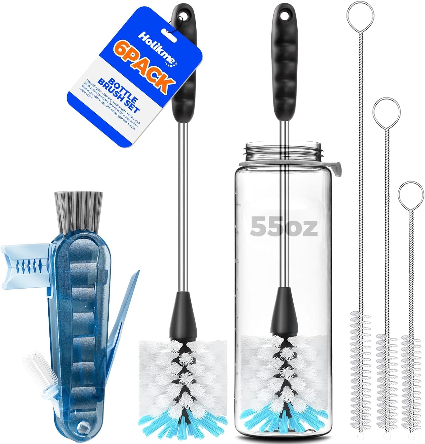 6 Pack Bottle Brush Set 14″ Stainless Steel Straw Cleaner Dishwasher Antistatic