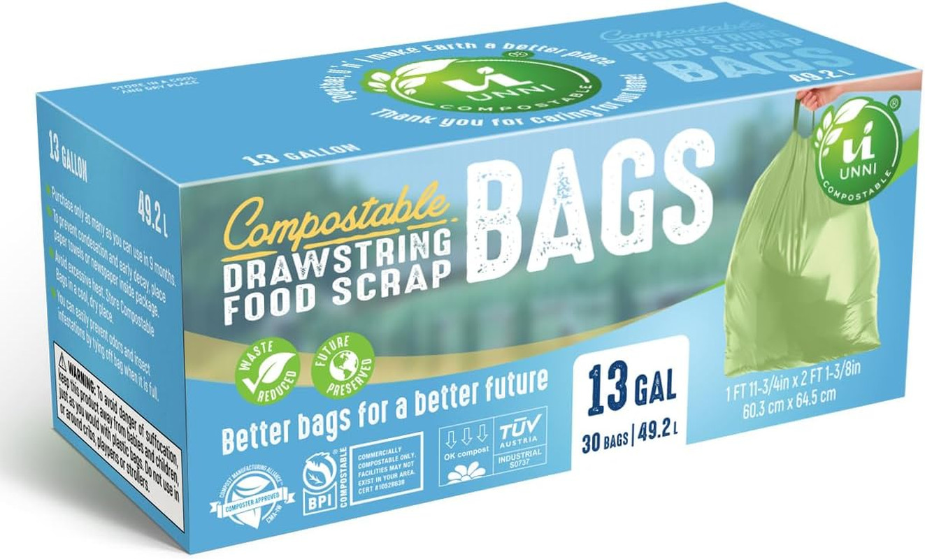 Compostable Drawstring Bags, 13 Gallon, 49.2 Liter, 30 Count, Heavy Duty 1 Mil,