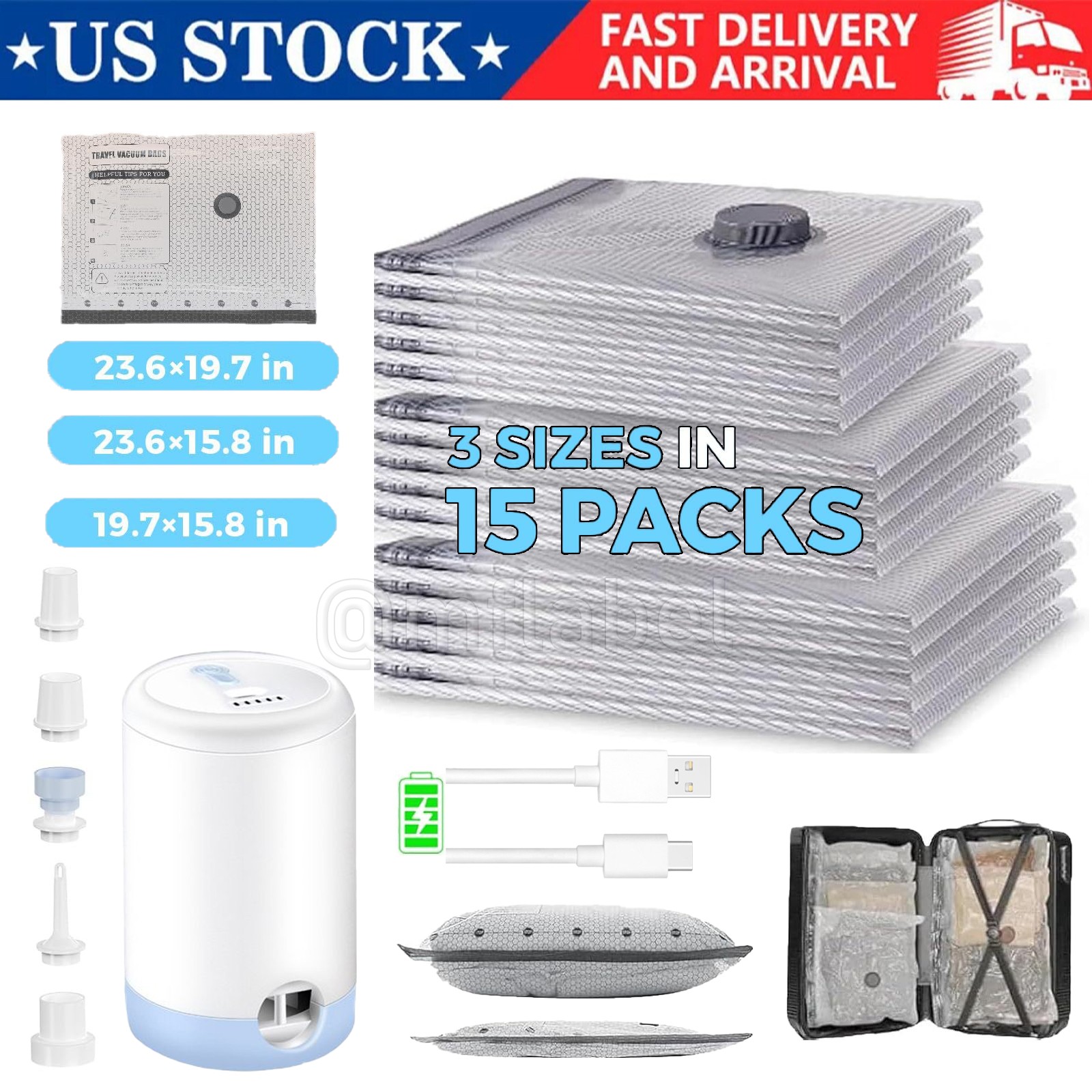 15Pack Travel Vacuum Bags with Rechargeable Pump 3 Szie for Clothes Organization
